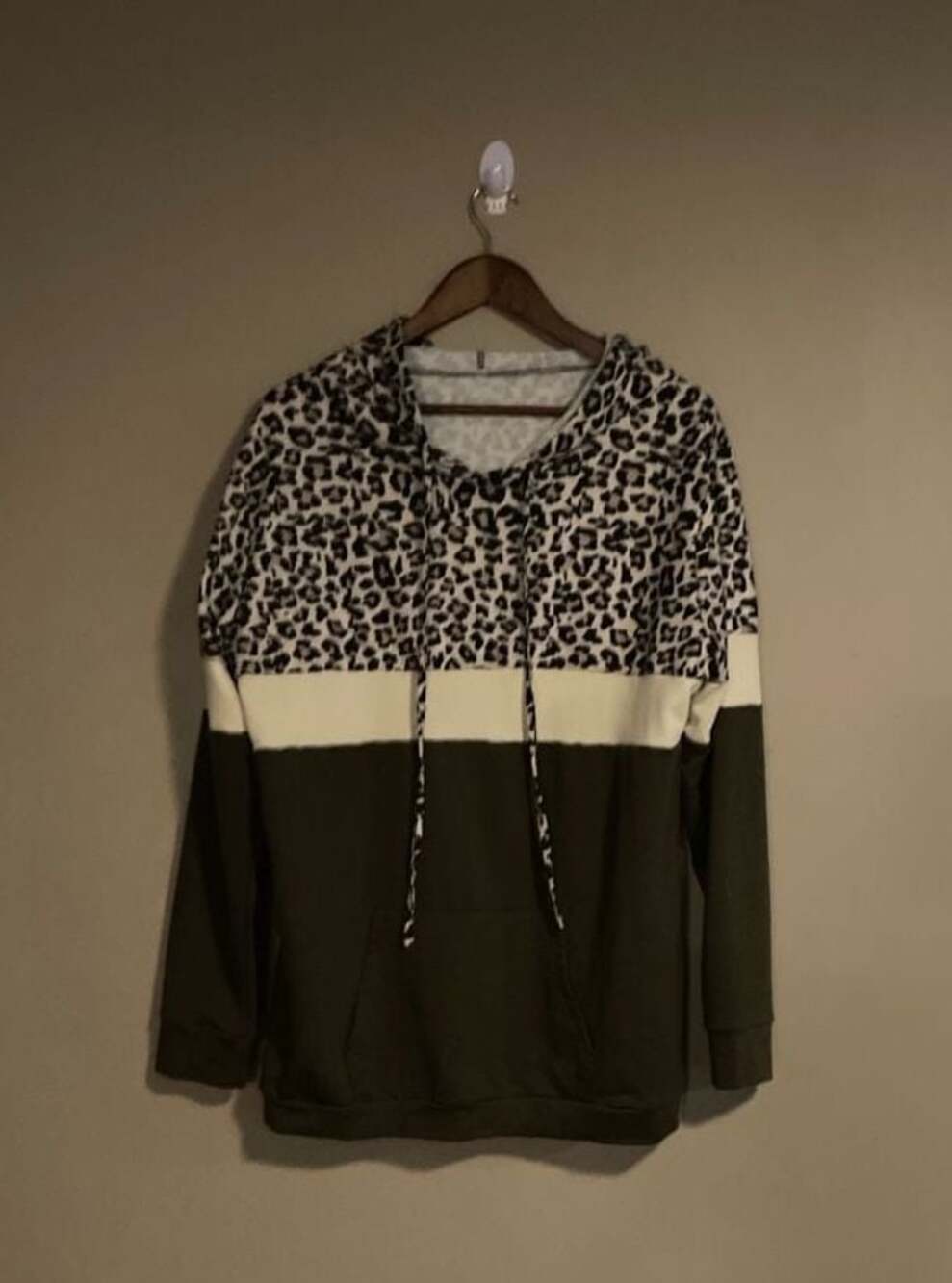 Army Green Shein Colorblock Leopard Print Drawstring Kangaroo Pocket Hoodie